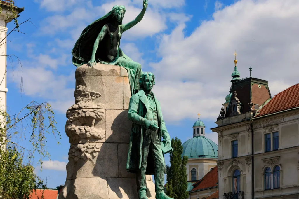 Prešeren Monument, a bronze statue of the Slovene national poet France Prešeren, in Ljubljana, the capital of Slovenia. It is among the best-known Slovenian monuments. The statue is a design by Ivan Z